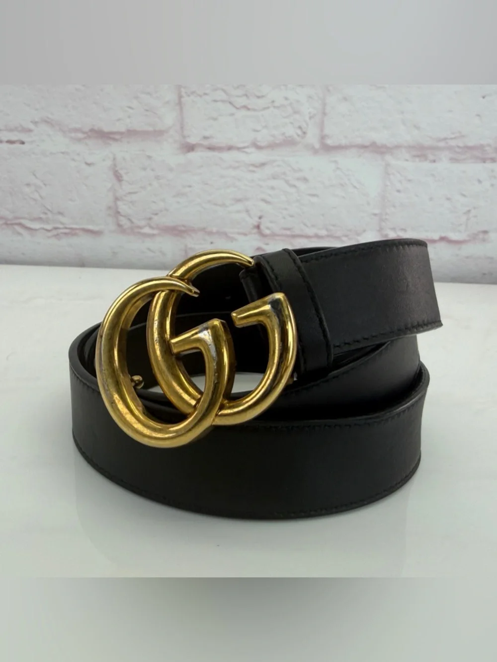 Authentic Gucci Slim Leather Marmont Gg Double Mens Belt Black 95/38” 414516